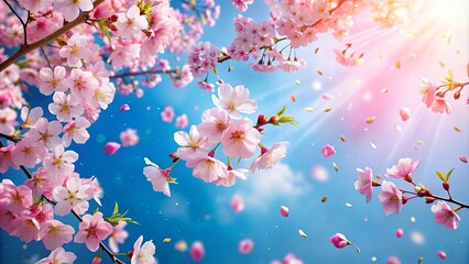 of cherry blossoms in full bloom with petals dancing in the blue sky , cherry blossoms, full bloom, petals, dancing, blue sky