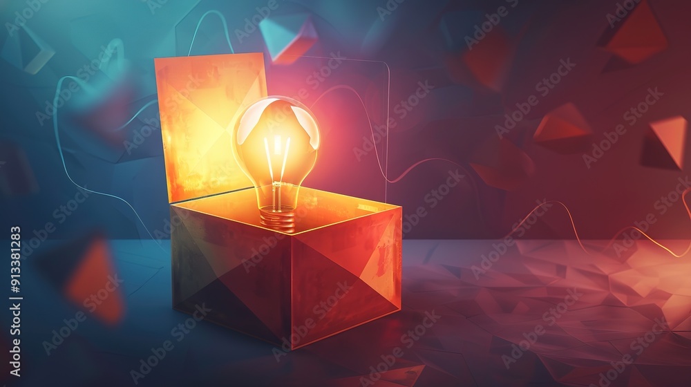 Poster Glorious Abstract open box with light bulb Think outside the box Low poly style design