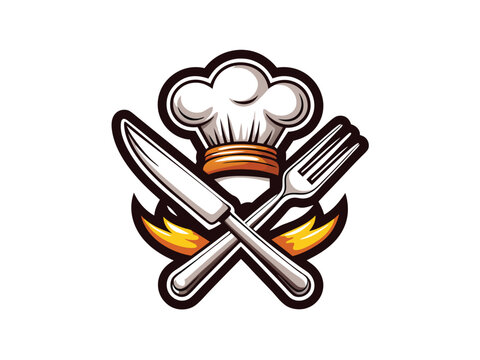 recommend clip art: Design a chef's hat with a knife and fork crossed behind it, all in a cartoon style with a bold outline and vibrant colours.
