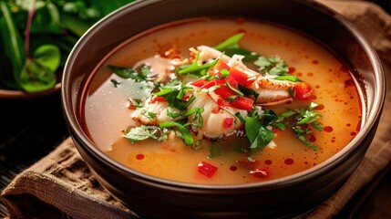 A vibrant bowl of spicy seafood soup garnished with fresh herbs and chili, perfect for evoking warmth and flavor.