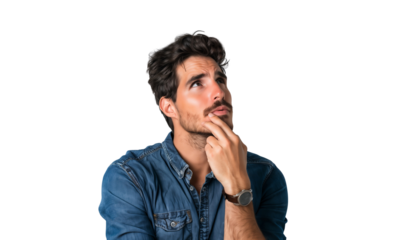 Portrait of a curious man thinking and looking up with hand at chin, isolated on transparent background
