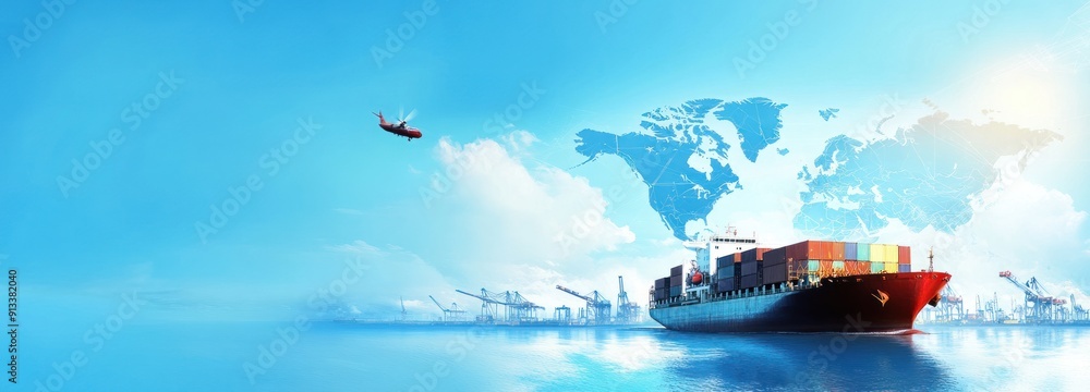 Poster cargo ship at sea with world map and cranes in the background