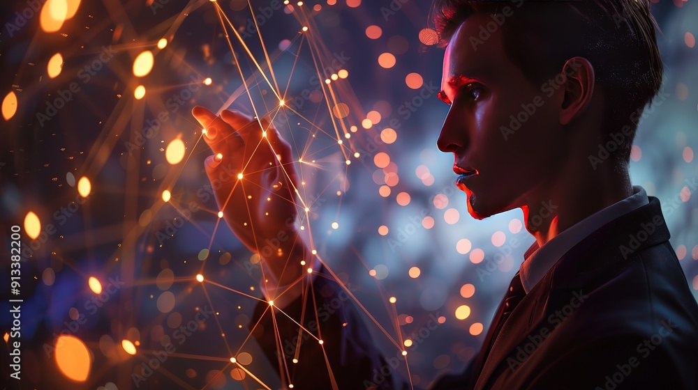 Poster glorious businessman touching point of big data on digital data flow and big data visualization