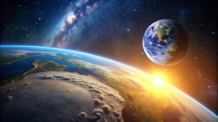 Obraz premium Earth's surface with the moon and sunrise in space, Earth, surface, moon, sunrise, space, sky, universe, cosmic, beauty