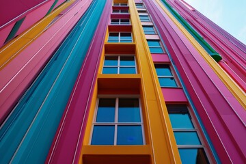A building with many windows and a rainbow colored facade