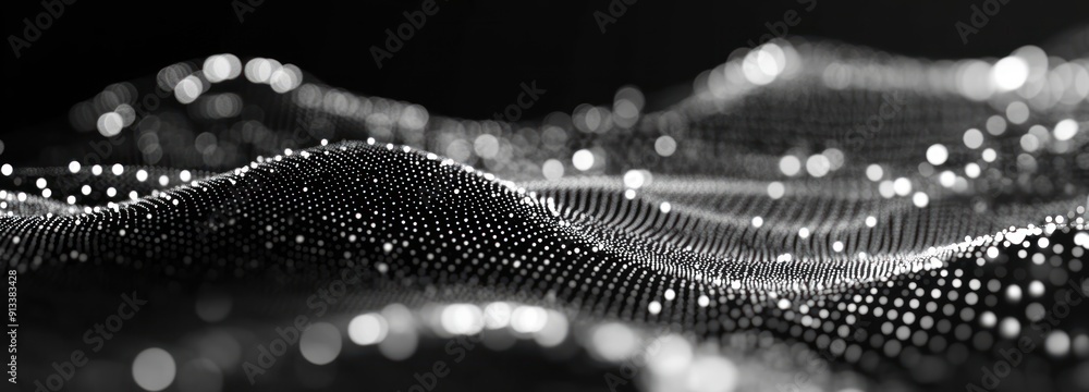 Poster abstract wavy pattern of white dots on black background