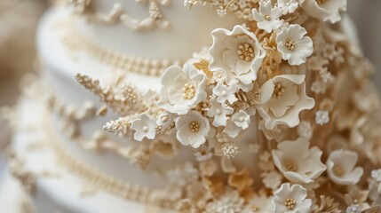 A beautifully crafted wedding cake adorned with delicate white flowers and shimmering gold details, perfect for a special celebration