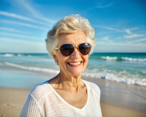 Happy elderly woman in sunglasses smiling on a sunny beach