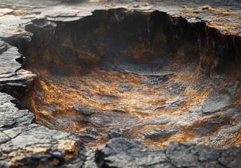 Detailed view of the interior of a volcanic crater, highlighting the diverse mineral deposits and rock formations inside