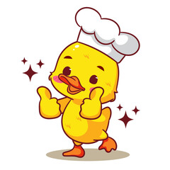 Cute Little Chef Duck Showing Thumb Up Cartoon Vector. Adorable And Kawaii Animal Concept Design. Icon Mascot Illustration Isolated White Background.