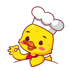 Cute Little Chef Duck Cartoon Vector Logo. Adorable And Kawaii Animal Concept Design. Icon Mascot Illustration Isolated White Background.