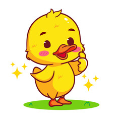 Cute Little Duck Showing Thumb Up Cartoon Vector. Adorable And Kawaii Animal Concept Design. Icon Mascot Illustration Isolated White Background.