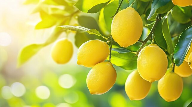 Tree full of ripe yellow lemons against a bright background, perfect for natural and fresh produce themes.