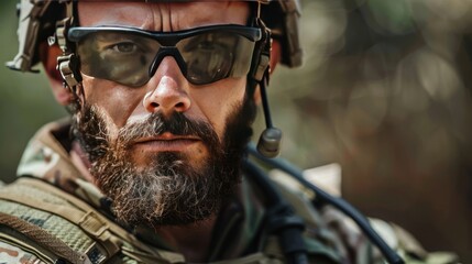 Fototapeta premium Close-up Portrait of a Bearded Soldier Wearing Protective Gear