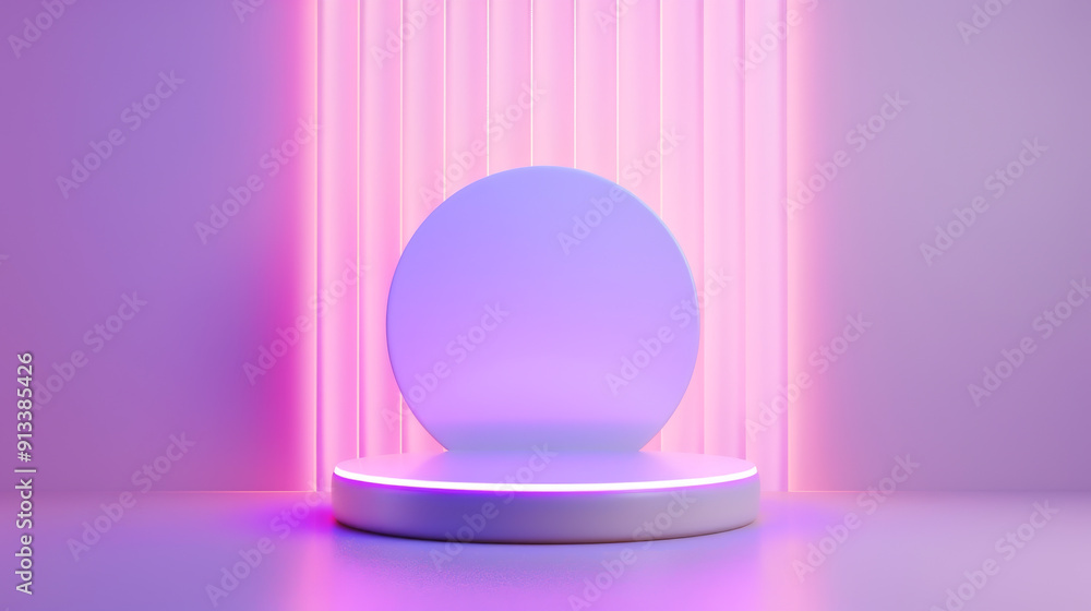 Poster a modern display featuring a circular pedestal with vibrant neon lights, creating a stylish backdrop