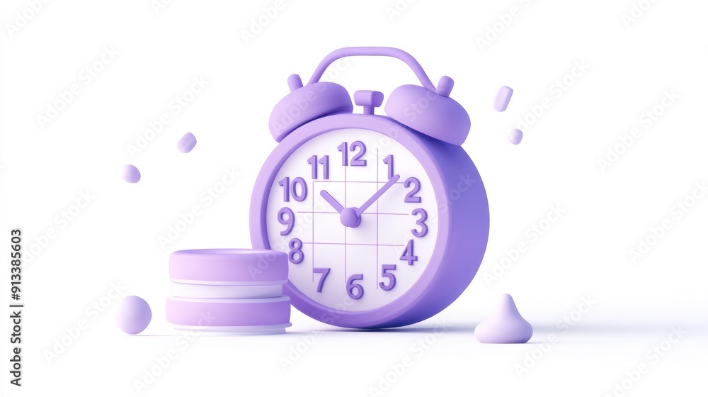 Poster Purple Alarm Clock and Stacked Circles on White Background