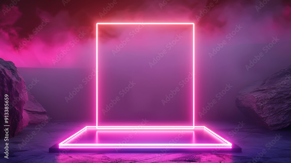 Aufkleber a vibrant neon square frame surrounded by fog, creating a mystical atmosphere for futuristic display