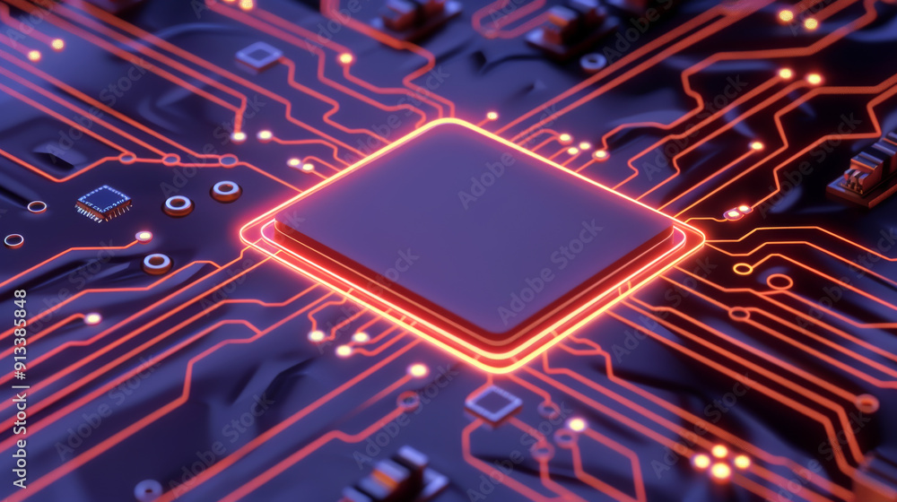 Poster close-up of a circuit board featuring a glowing microprocessor. perfect for technology and innovatio