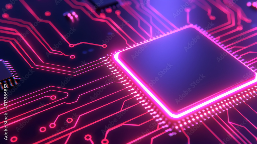 Poster close-up of a modern microchip on a vibrant circuit board, showcasing intricate designs and glowing 