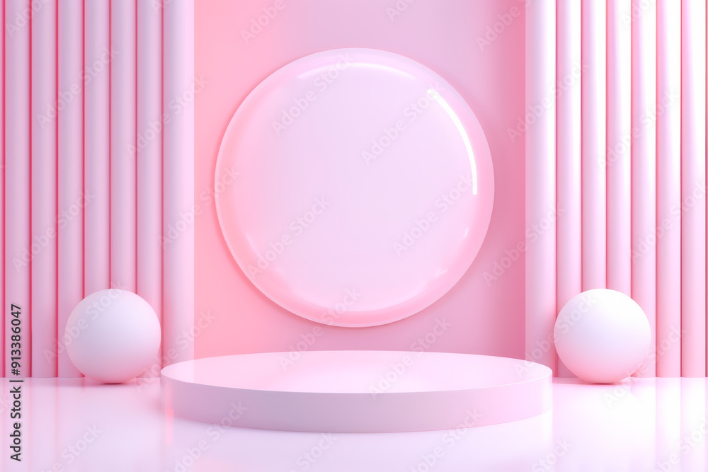 Poster elegant pink minimalist setting with a round platform and spheres, perfect for product displays and 