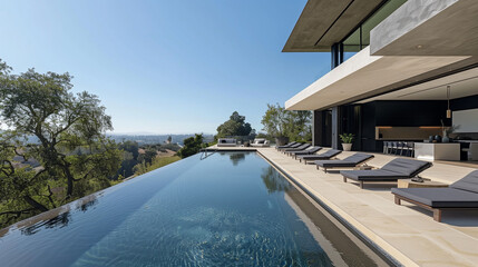 Fototapeta premium Infinity Pool: A sleek pool with views of rolling hills, modern lounge chairs, and minimalistic decor. no darkness
