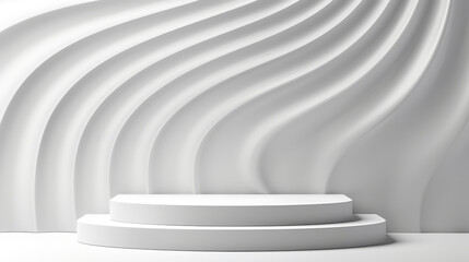 Fototapeta premium Sleek white podium against a wavy textured wall, ideal for presentations, exhibitions, and artistic showcases.