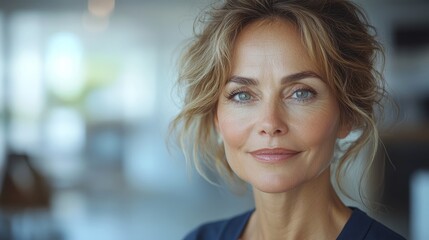 Fototapeta premium Happy mature middle-aged professional business women bank staff or human resources managers, company executives looking at work, blue inch shirt, white, black, blue color scheme, white office backgrou