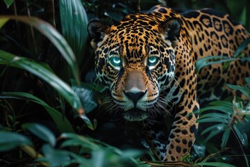 Obraz premium A Jaguar with Glowing Green Eyes Peering through Lush Foliage