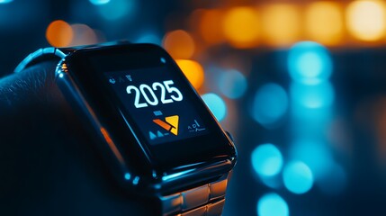 Smartwatch Displaying 2025 in Front of Bokeh Lights