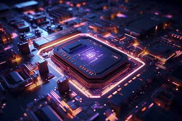 Beautiful 3d animation of the motherboard with light signals. Motion. Colorful circuit board with neon lights and buttons