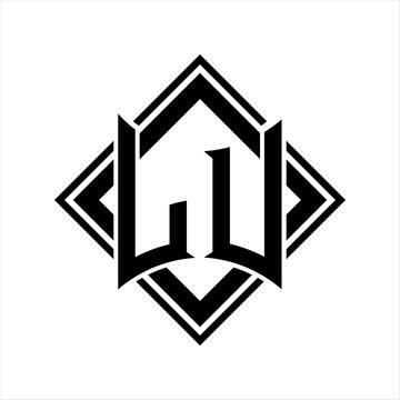 recommend clip art: LU Letter logo with abstract shield shape with square black outline on white background design