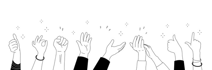 Applause hands set in doodle style. Human hands sketch, with arms raised in gestures like clapping and making heart shapes, on a white background. Vector illustration for celebratory themes