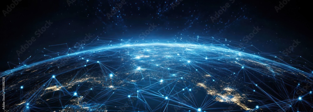Poster global network connections with illuminated cities