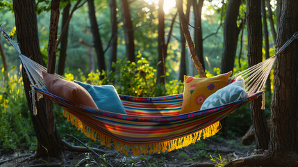 Colorful Hammock: A bright, colorful hammock strung between two trees with playful pillows. no darkness