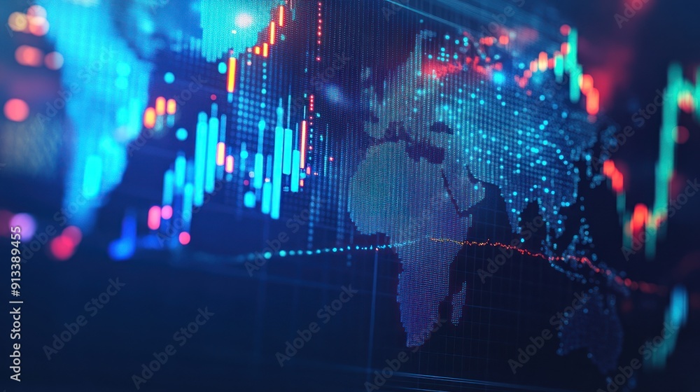 Poster Global Financial Data Display with World Map and Charts