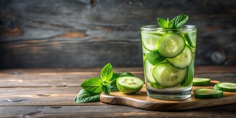 Glass of refreshing cucumber-infused water with cucumber slices and a sprig of fresh mint , hydration, healthy, detox