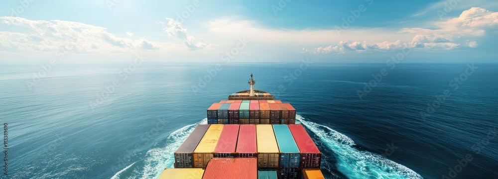 Poster container ship sailing on a calm ocean with cloudy sky