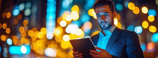 Businessman holding tablet in hand, metropolitan financial district background with blurred lights. Man wearing suit using digital device at night. Business concept for technology and work.