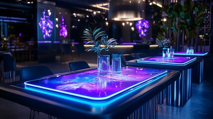 Urban oasis of luxury: stylish crowd mingles amidst dazzling lights, rhythmic music, and crafted cocktails