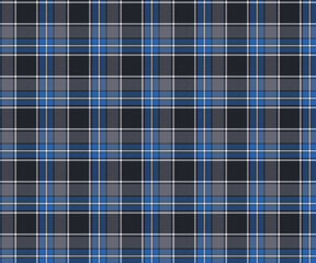 Fototapeta premium Plaid fabric pattern, black, blue, gray, white, seamless for textiles and design clothing, skirts, pants, aprons, tablecloths, blankets or decorative fabrics. Vector illustration.