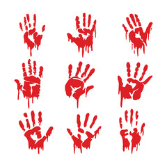 Set of bloody handprints collection isolated on white background, Splattered Blood and Handprints - Forensic Evidence, Red paint splashes. Crime scene. Vampire bite. Halloween decoration element. © vesvocrea