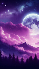 Deep midnight gradient dreamy moonlight sky with fluffy clouds and glowing stars phone HD wallpaper