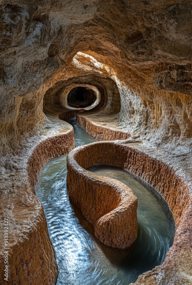 Wall mural a winding subterranean river carving its way through a series of chambers, showcasing the intricate 