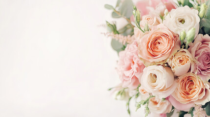 Photo of a pink and peach flowers wedding bouquet. Blank space for text, copy space for wedding greeting card, valentine. 
