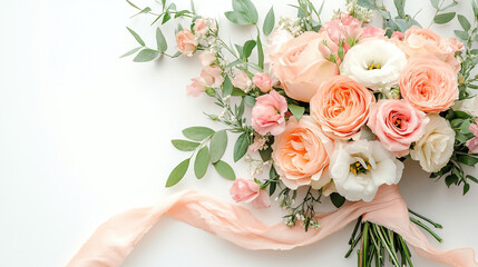 Photo of a pink and peach flowers wedding bouquet. Blank space for text, copy space for wedding greeting card, valentine. 