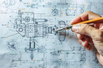 architect drawing a machine blueprint on  paper