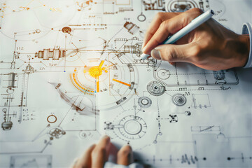 architect drawing a machine blueprint on  paper with pencil