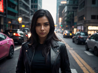 Woman black leather jacket city street cars evening.