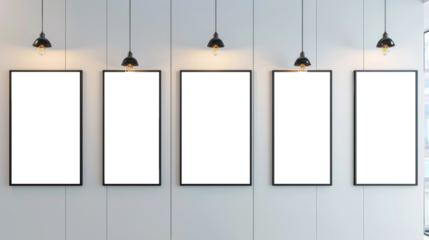 A gallery wall of blank mockup frames of various sized in portrait orientation