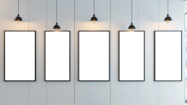 A gallery wall of blank mockup frames of various sized in portrait orientation